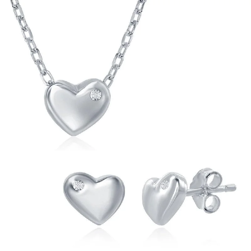 Sterling Silver Heart with Single CZ Necklace and Earrings Set