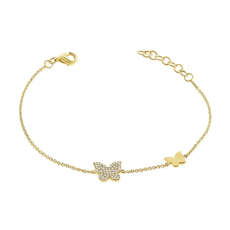 Bold Silver Bracelets-14K Gold Double Butterfly Diamond Bracelet