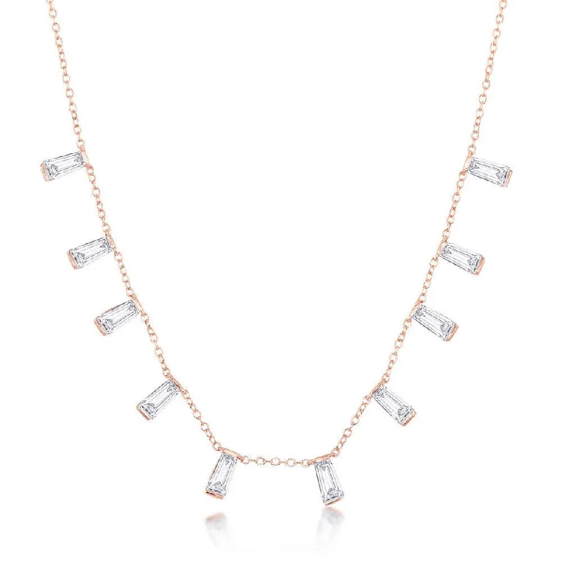 Sterling Silver Rose Gold Plated Dangling Baguettes Necklace