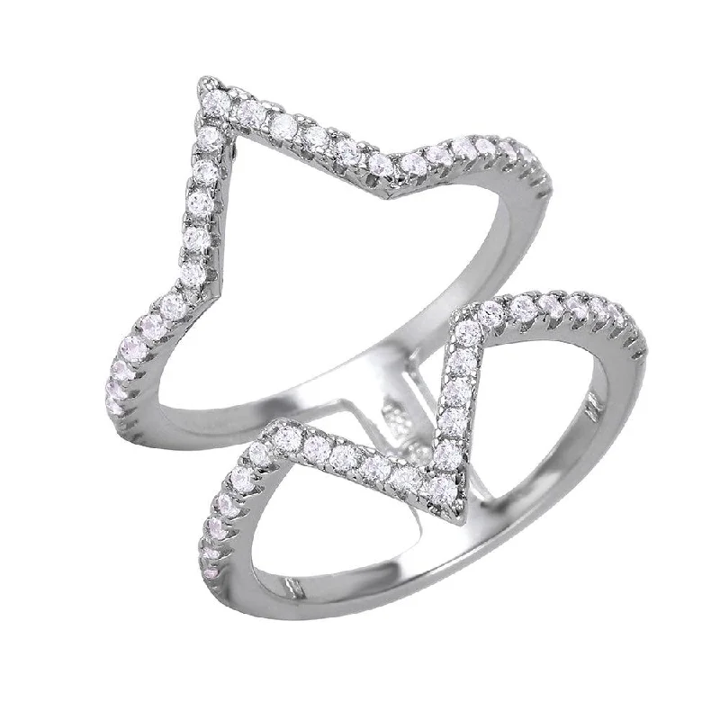 Sparkling Diamond Rings-Silver 925 Rhodium Plated Double Tip Ring - BGR00974