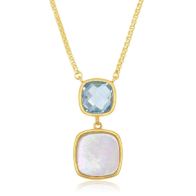 Sterling Silver Double Square Blue Topaz and Mother of Pearl Necklace - Gold Plated