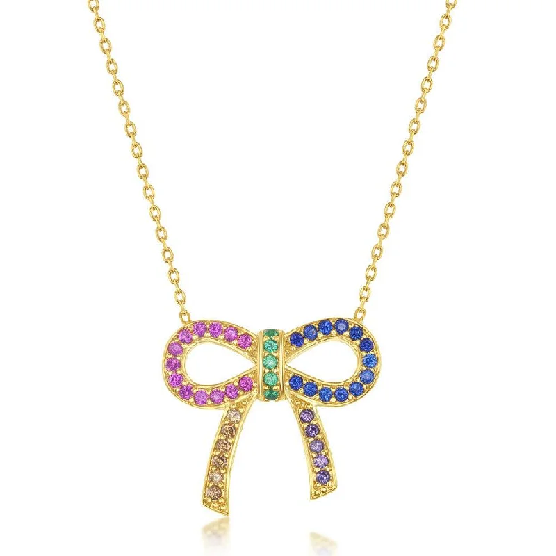 Sterling Silver Gold Plated Rainbow CZ Bowknot Necklace