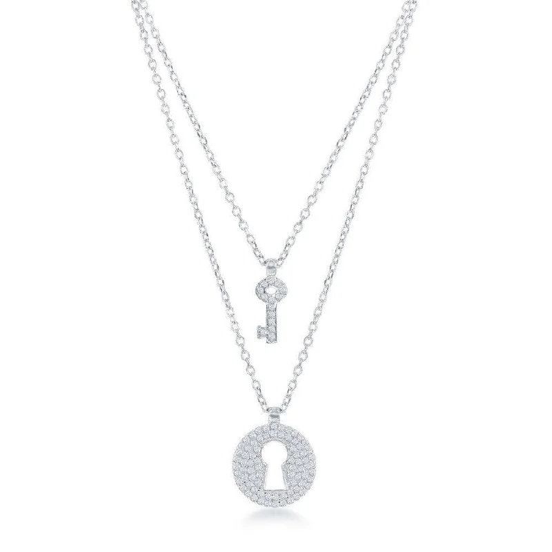 Sterling Silver Micro Pave Lock and Key Double Strand Necklace