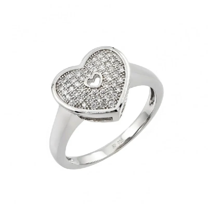 Vintage Style Diamond Rings-Silver 925 Rhodium Plated Micro Pave Heart CZ Ring - STR00950