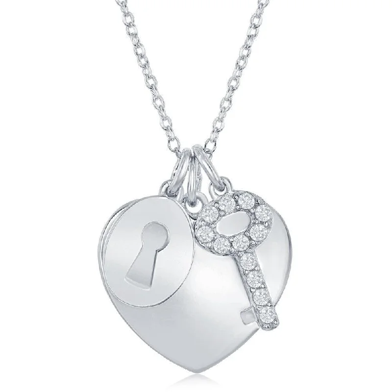 Sterling Silver Shiny Heart with CZ Lock and Key Necklace