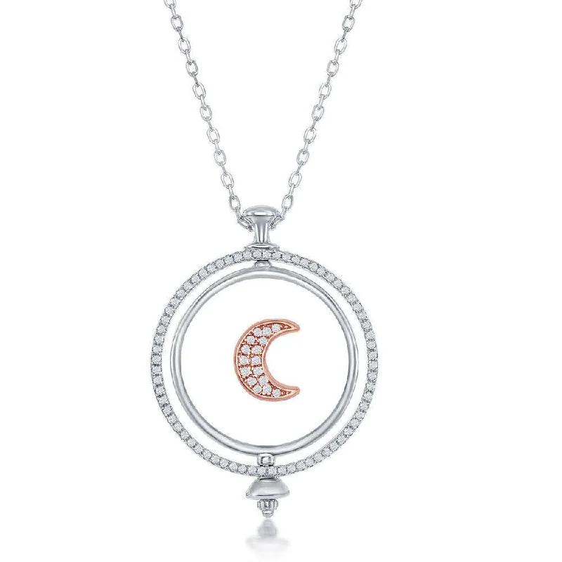 Sterling Silver Spinning Disc Crescent Moon with CZ Necklace