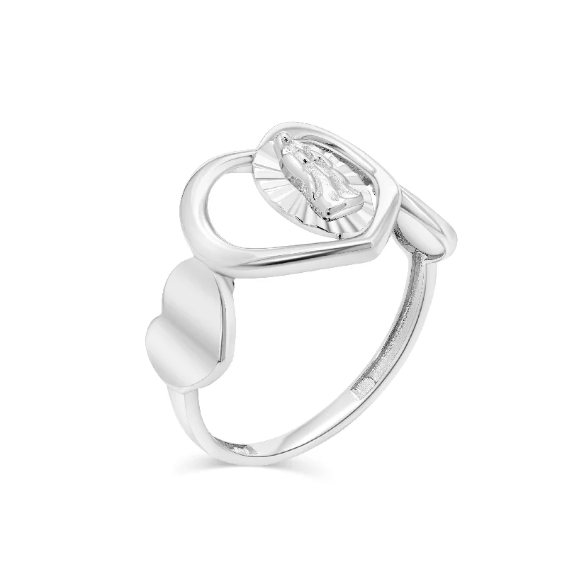 Custom Wedding Sets-Rhodium Plated 925 Sterling Silver Three Hearts Our Lady of Guadalupe 12.7mm x 11.7mm Ring - GMR00434