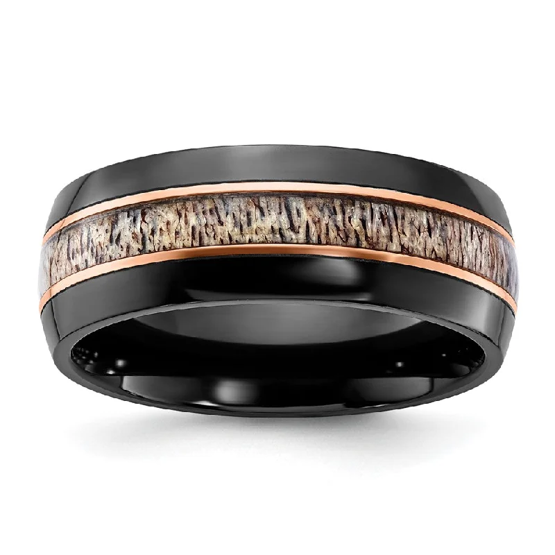 Adjustable Silver Rings-8mm Black Zirconium, Rose Tone & Tan Antler Inlay Standard Fit Band