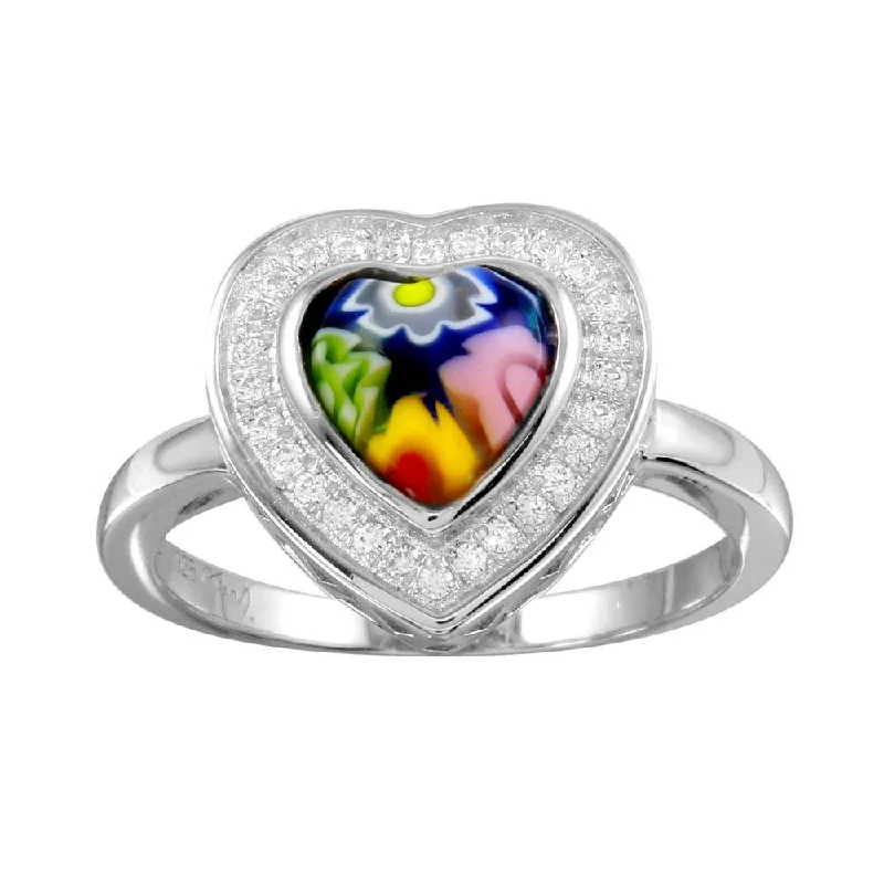 Stylish Gemstone Rings-Rhodium Plated 925 Sterling Silver Heart Murano Glass Halo CZ Ring - MR00005