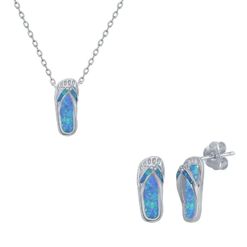 Women's Necklace and Earrings Set - Sterling Blue Opal Flip Flop | SET-567