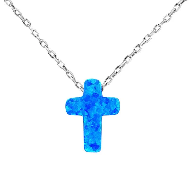 Sterling Silver Small Blue Opal Cross Necklace