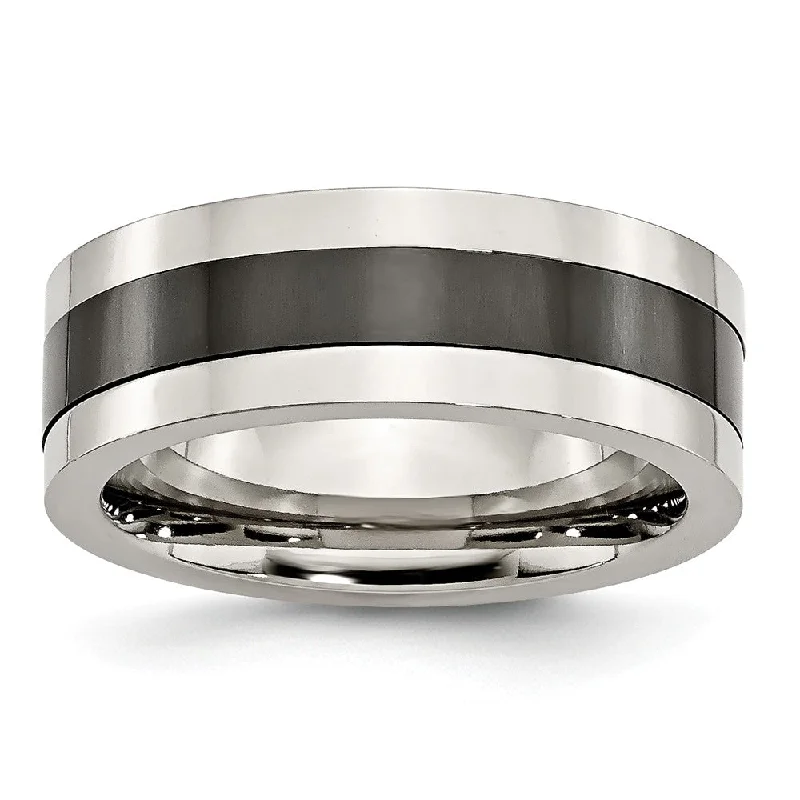 Custom Wedding Bands for Men-8mm Polished Stainless Steel and Black Ceramic Flat Band