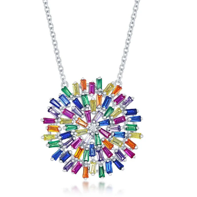 Sterling Silver Rainbow Baguette Cubic Zirconia Round Necklace