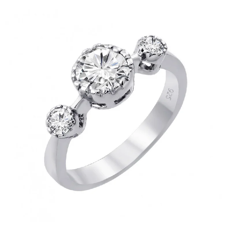 Adjustable Silver Rings-Silver 925 Rhodium Plated 3 Round Clear CZ Past Present Future Ring - BGR00866