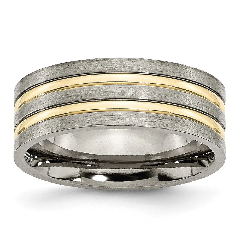 Stylish Solitaire Rings-8mm Titanium Gold Tone Plated Grooved Flat Standard Fit Band