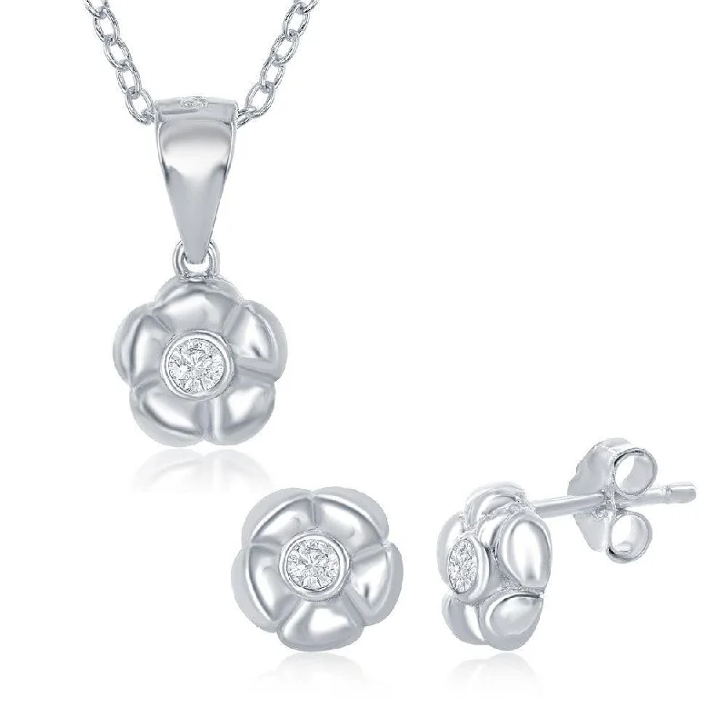 Sterling Silver Flower with Single CZ Necklace and Earrings Set