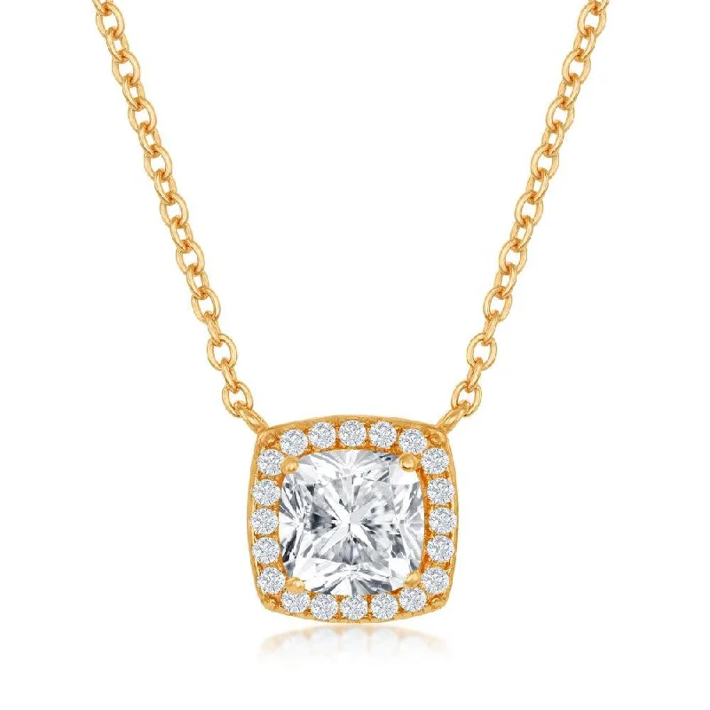 Sterling Silver GP Princess-Cut with CZ Border Necklace