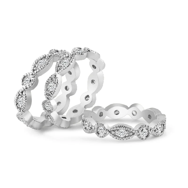 Bold Silver Rings-Silver 925 Rhodium Plated Clear Round Marquise CZ Stackable Eternity Ring Set - AAR0019