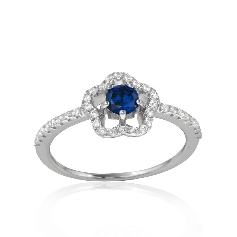 Simple Gemstone Wedding Rings-Rhodium Plated 925 Sterling Silver Clover Micropave Ring with Blue Center CZ and Clear Round CZ - BGR01120BLU