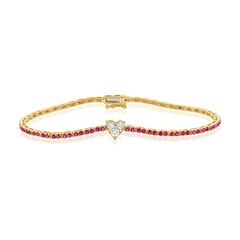 Beautiful Designer Bracelets-Romantic 14K Gold Pink Sapphire and Diamond Heart Tennis Bracelet