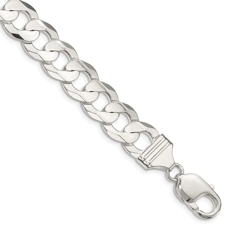 High-End Gold Wedding Bracelets-Sterling Silver 11.9mm Concave Beveled Curb Chain Bracelet