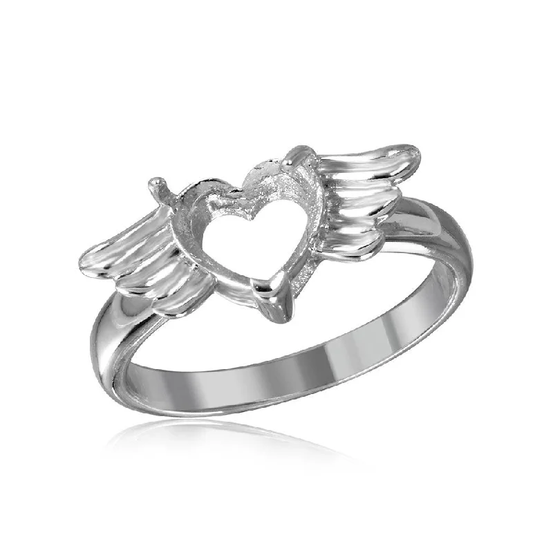 Fashionable Gold Rings-Silver 925 Rhodium Plated Heart with Wings Mounting Ring - BGR01217