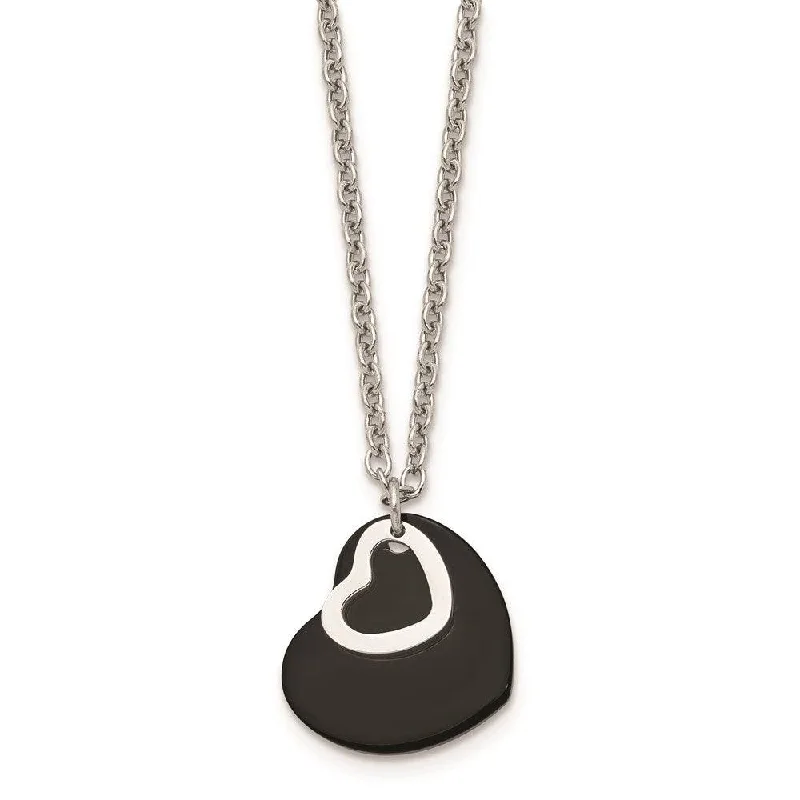 Stainless Steel Polished & Black IP-plated Heart Necklace