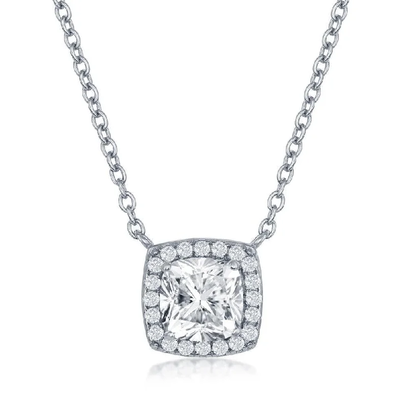 Sterling Silver Princess-Cut with CZ Border Necklace