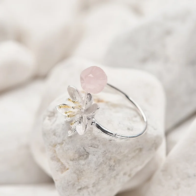 Vintage Engagement Rings-Rose Quartz Lotus Handmade Crystal Ring