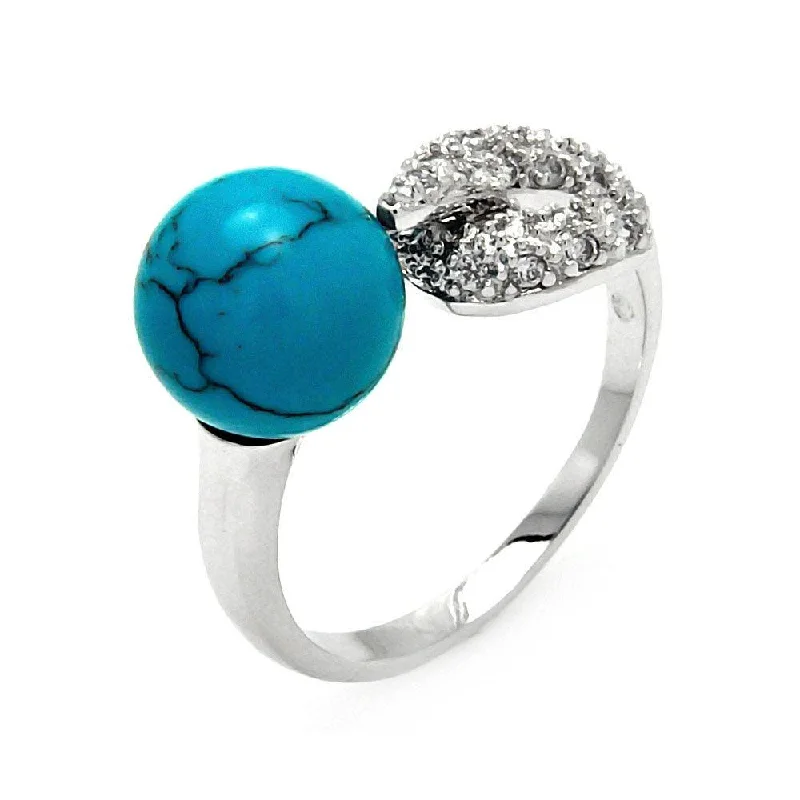 Simple Gemstone Wedding Rings-Silver 925 Rhodium Plated Round Turquoise Clear Pave Set CZ Hook Ring - BGR00555