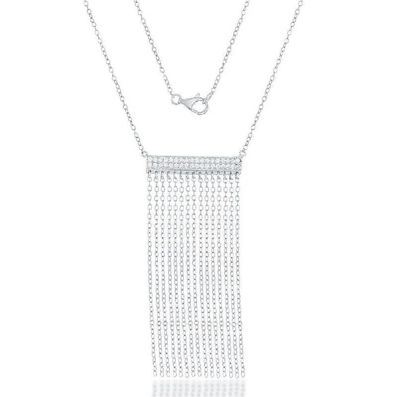 Sterling Silver Double CZ Bar with Tassels Necklace