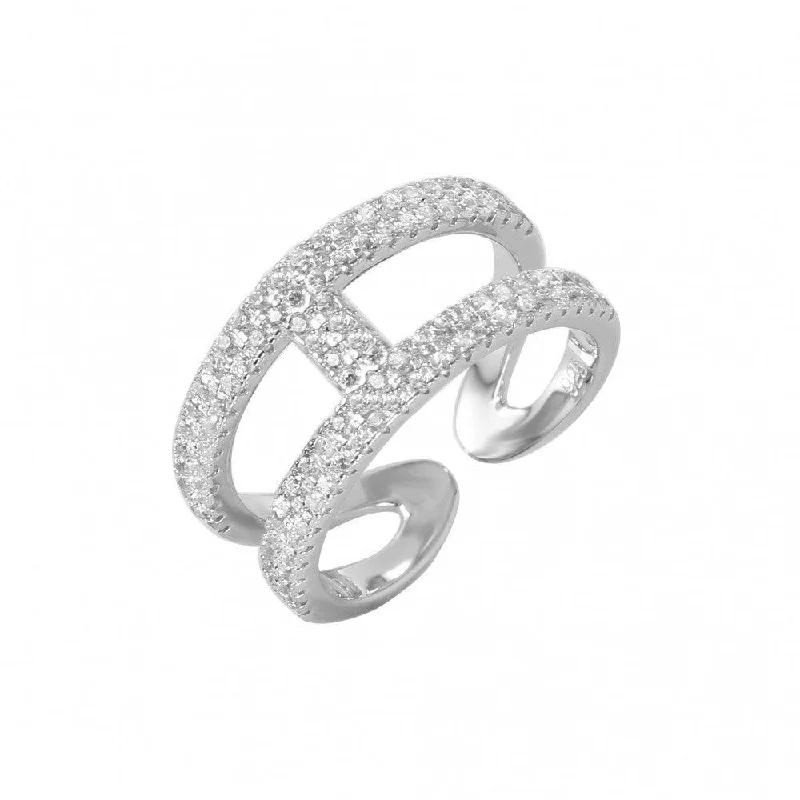 Trendy Wedding Bands-Silver 925 Rhodium Plated Open H-Shaped CZ Ring - GMR00040