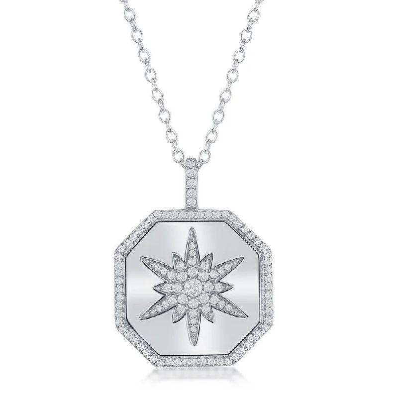 Sterling Silver Hexagon with Center Starburst CZ Necklace