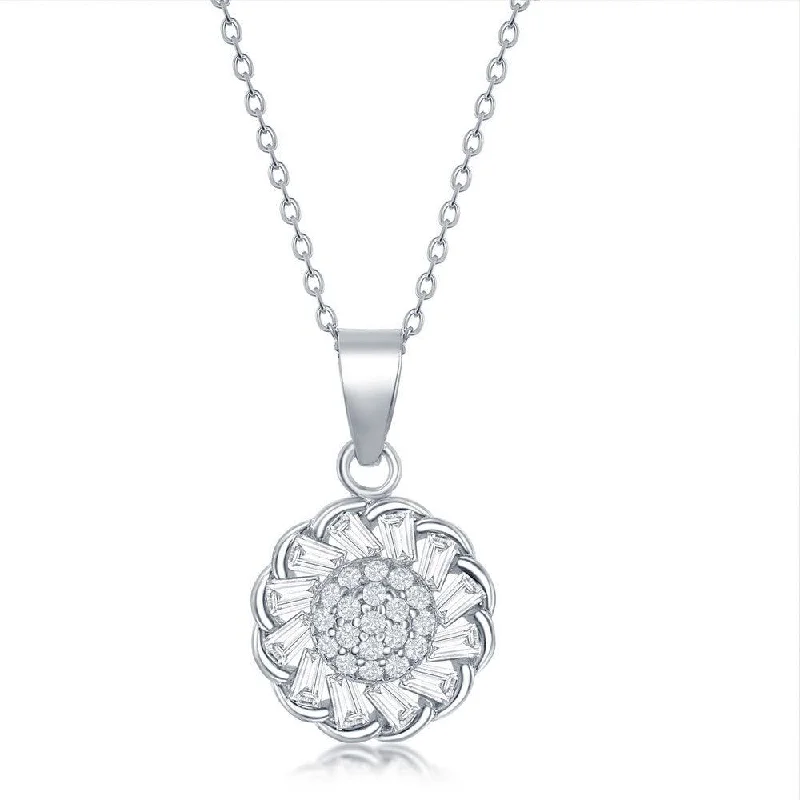 Sterling Silver Center and Baguette CZ Border Flower Necklace