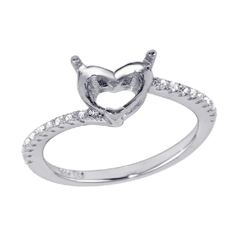 Modern Wedding Rings-Rhodium Plated 925 Sterling Silver Asymmetrical Heart Stone Mounting Ring with CZ - BGR01061