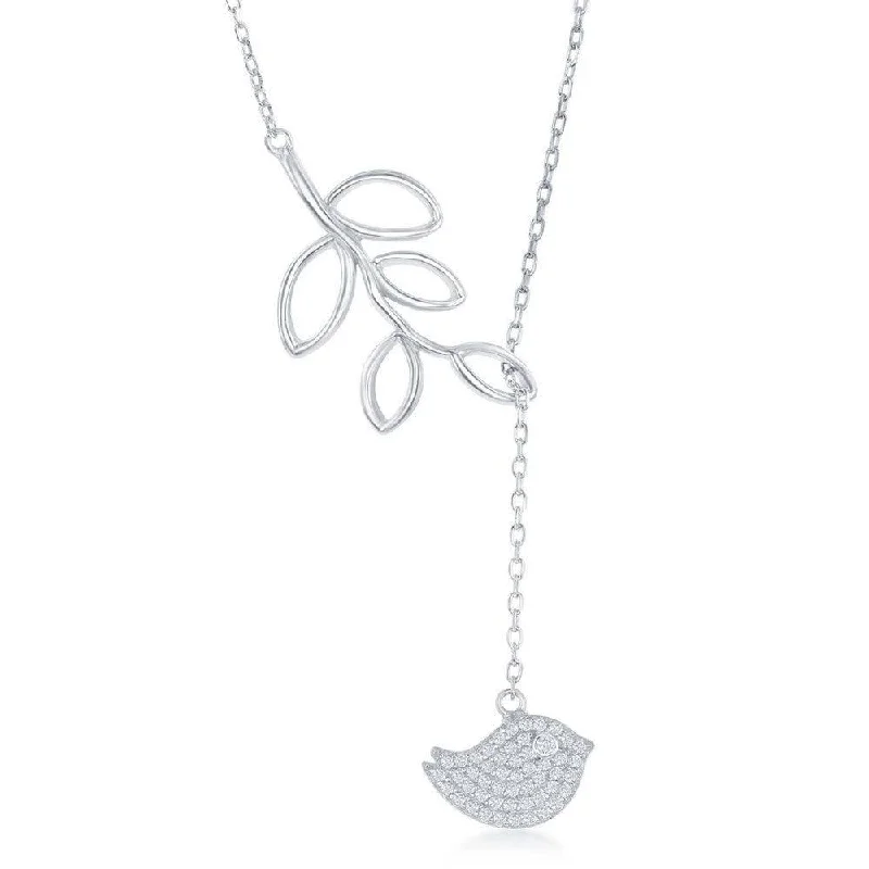 Sterling Silver Leaf with Hanging CZ Bird Lariat 'Y' Necklace