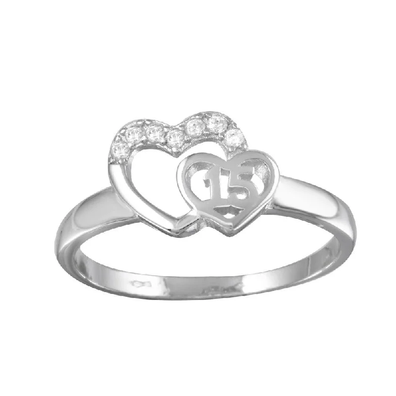 Elegant Silver Rings-Rhodium Plated 925 Sterling Silver Heart 15 Ring with CZ - TMR00001