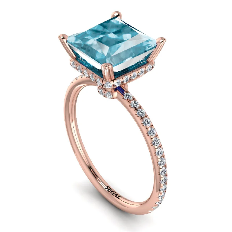 Large Wedding Rings-Trendy Hidden Halo Aquamarine Princess Cut Engagement Ring - Daria No. 402