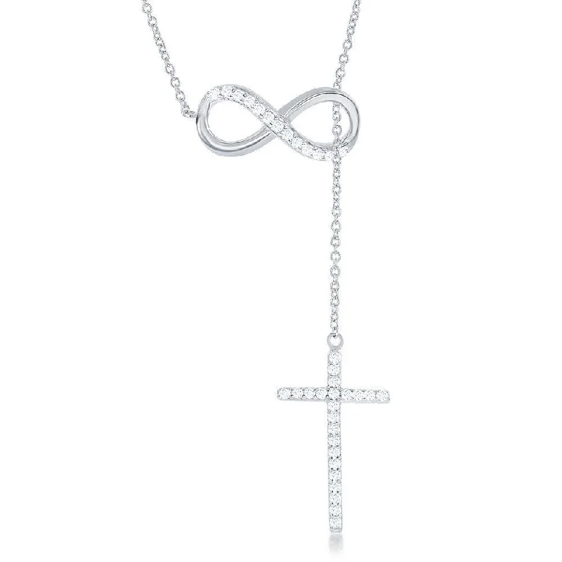 Sterling Silver Half CZ Infinity with Hanging CZ Cross Lariat Necklace