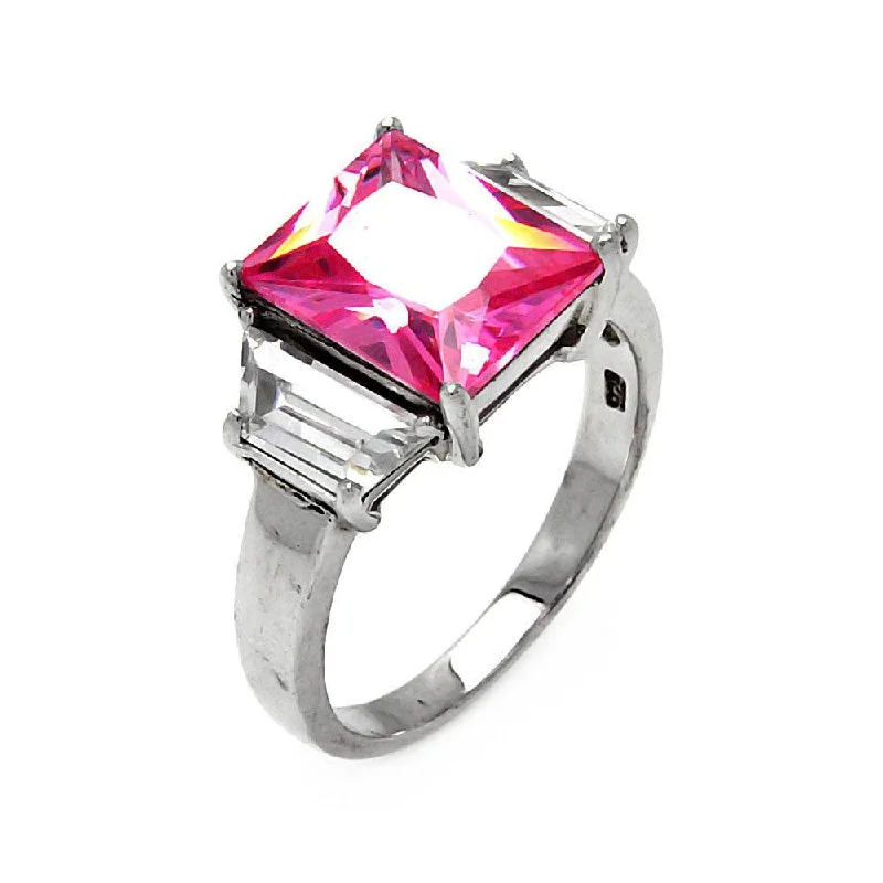 Statement Gemstone Rings-Silver 925 Rhodium Plated Pink Princess Cut CZ Ring - STR00047PNK