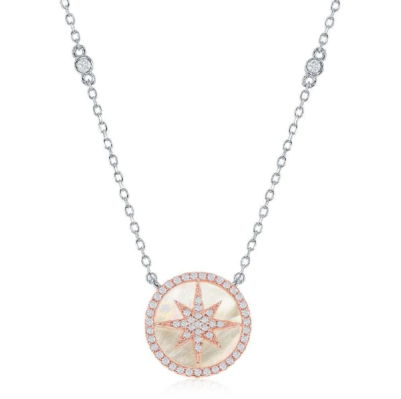 Sterling Silver TT Round MOP with Center Micro Pave Star Necklace