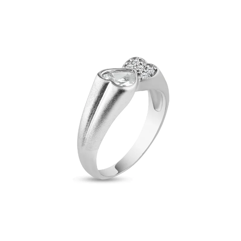 Fashion Rings for Men-Silver 925 Rhodium Plated Clear CZ Double Heart Ends Ring - AAR0004