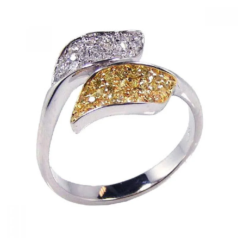 Adjustable Wedding Bands-Silver 925 Rhodium and Gold Plated Yellow and Clear CZ Leaf Ring - BGR00085