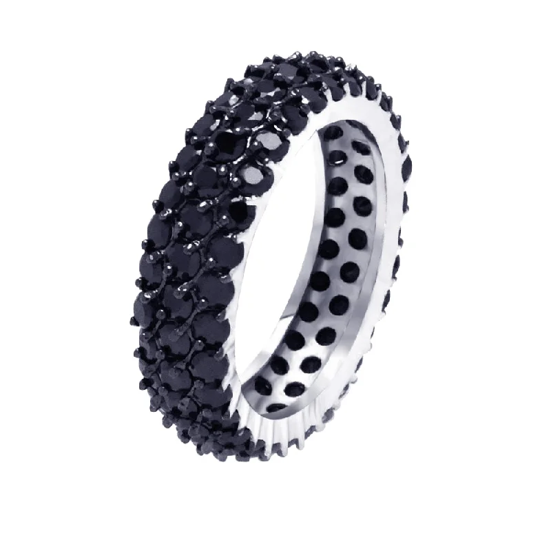 Silver Wedding Bands-Silver 925 Rhodium and Black Rhodium Plated Black Pave Set CZ Eternity Ring - BGR00380