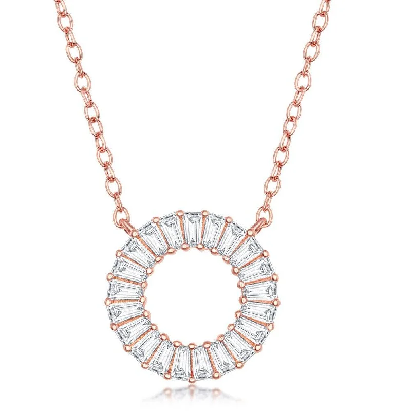 Sterling Silver Rose GP Baguette CZ Open Circle Necklace