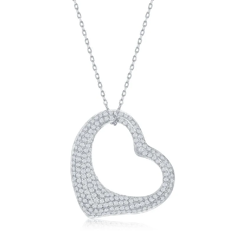 Sterling Silver Large Micro Pave Open Heart CZ Necklace