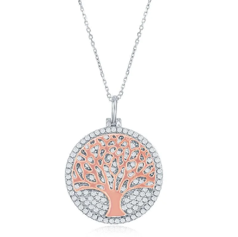 Sterling Silver Micro Pave Disc with Rose GP Center Tree Necklace