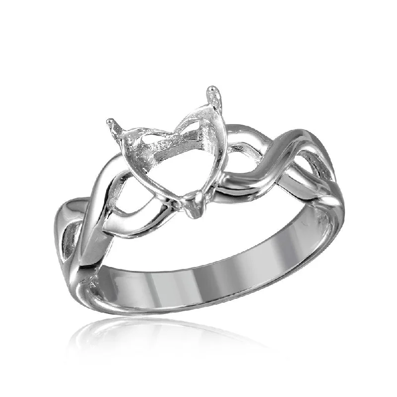 Modern Gemstone Rings-Silver 925 Rhodium Plated Open Overlap Shank Heart Stone Mounting Ring - BGR01218