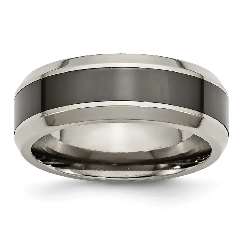 Wedding Ring Sets for Brides-Men's 8mm Titanium & Polished Black Ceramic Beveled Comfort Fit Band