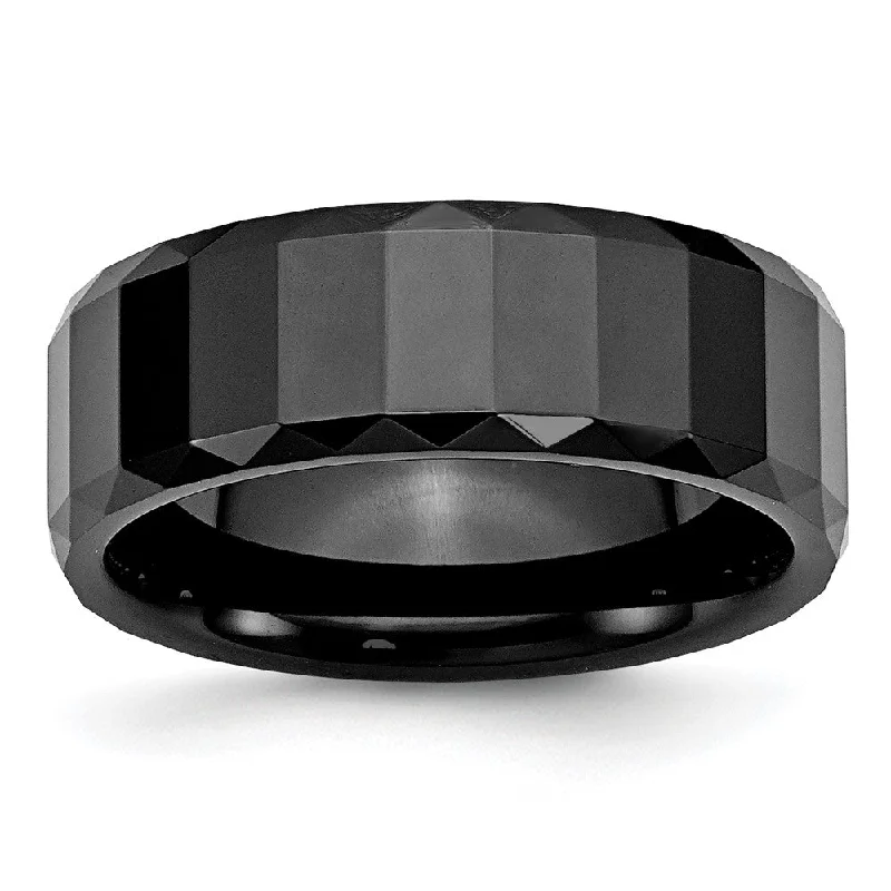 Modern Wedding Ring Sets-8mm Black Ceramic Faceted & Beveled Edge Standard Fit Band